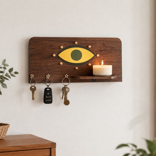 Walnut Wood Wall Key Holder with Shelf