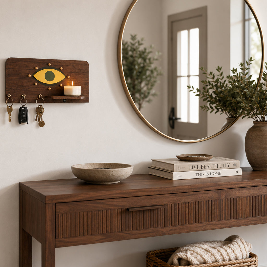 Walnut Wood Wall Key Holder with Shelf